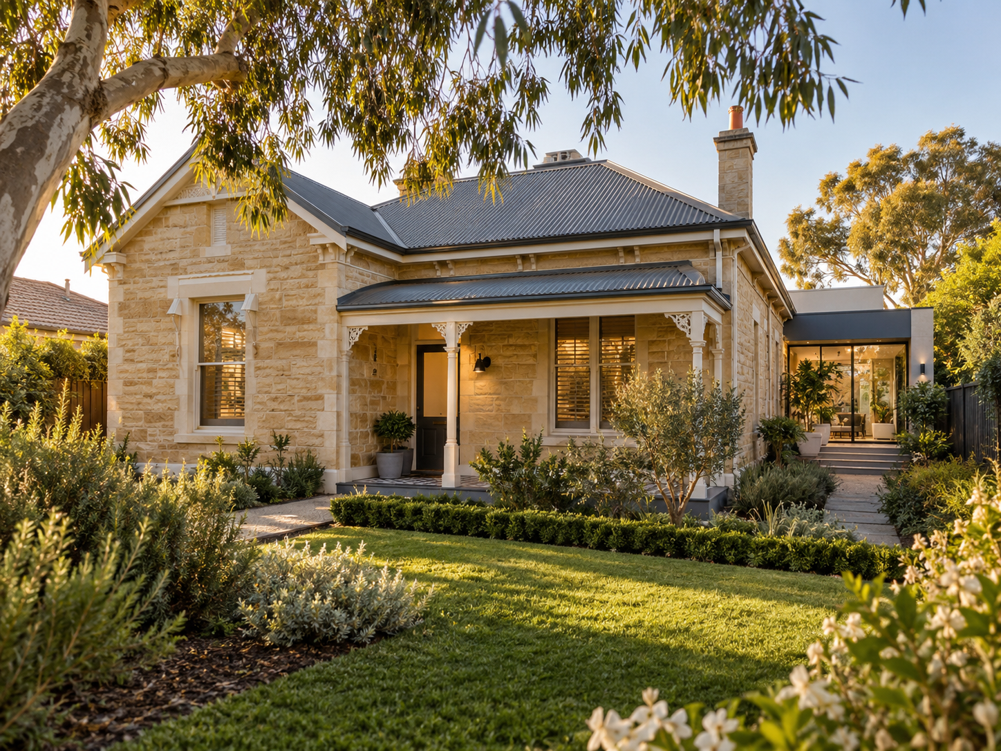 An Adelaide-style sandstone home with a leafy garden